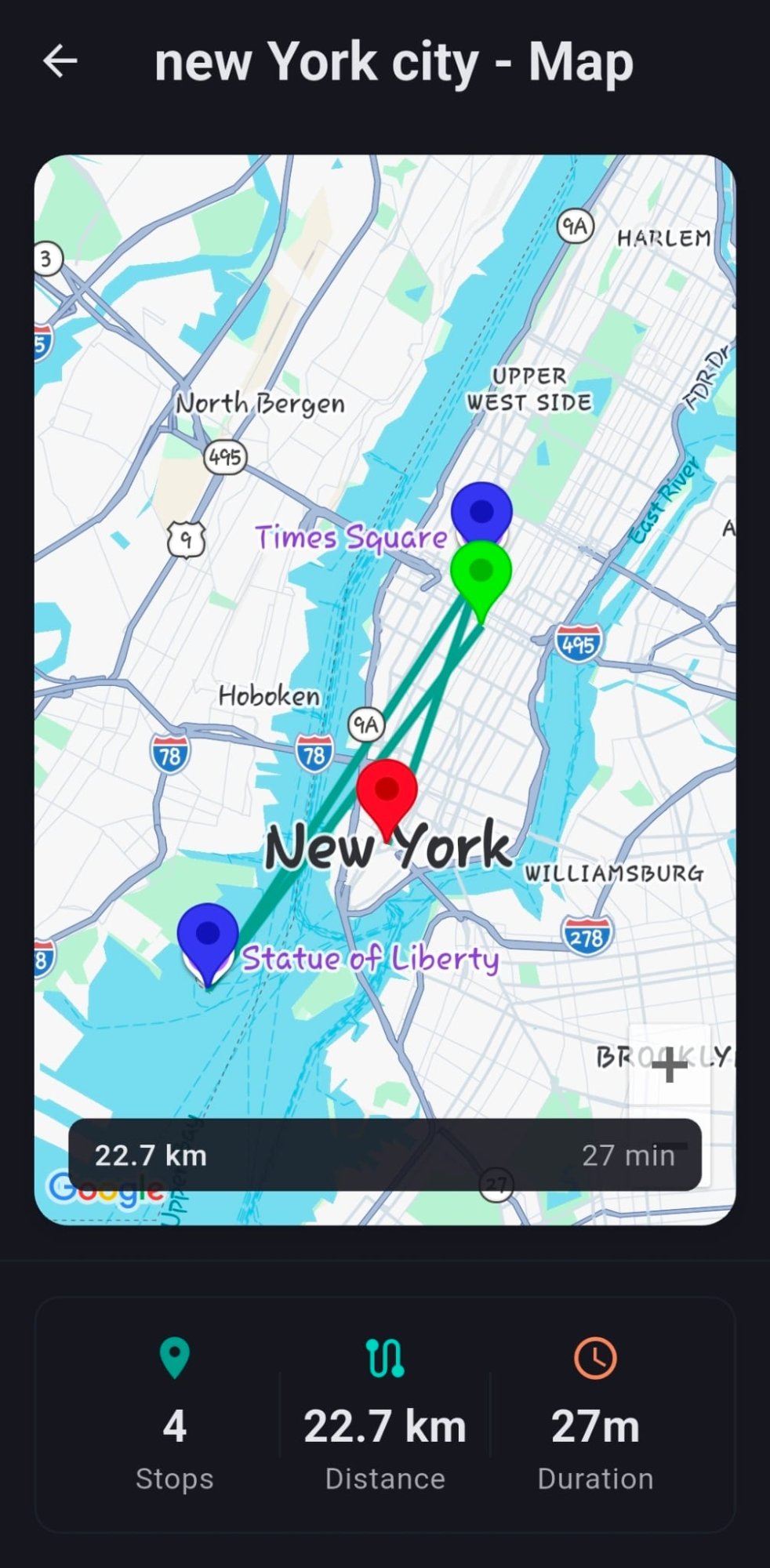 AI-generated itinerary with stops connected by routes