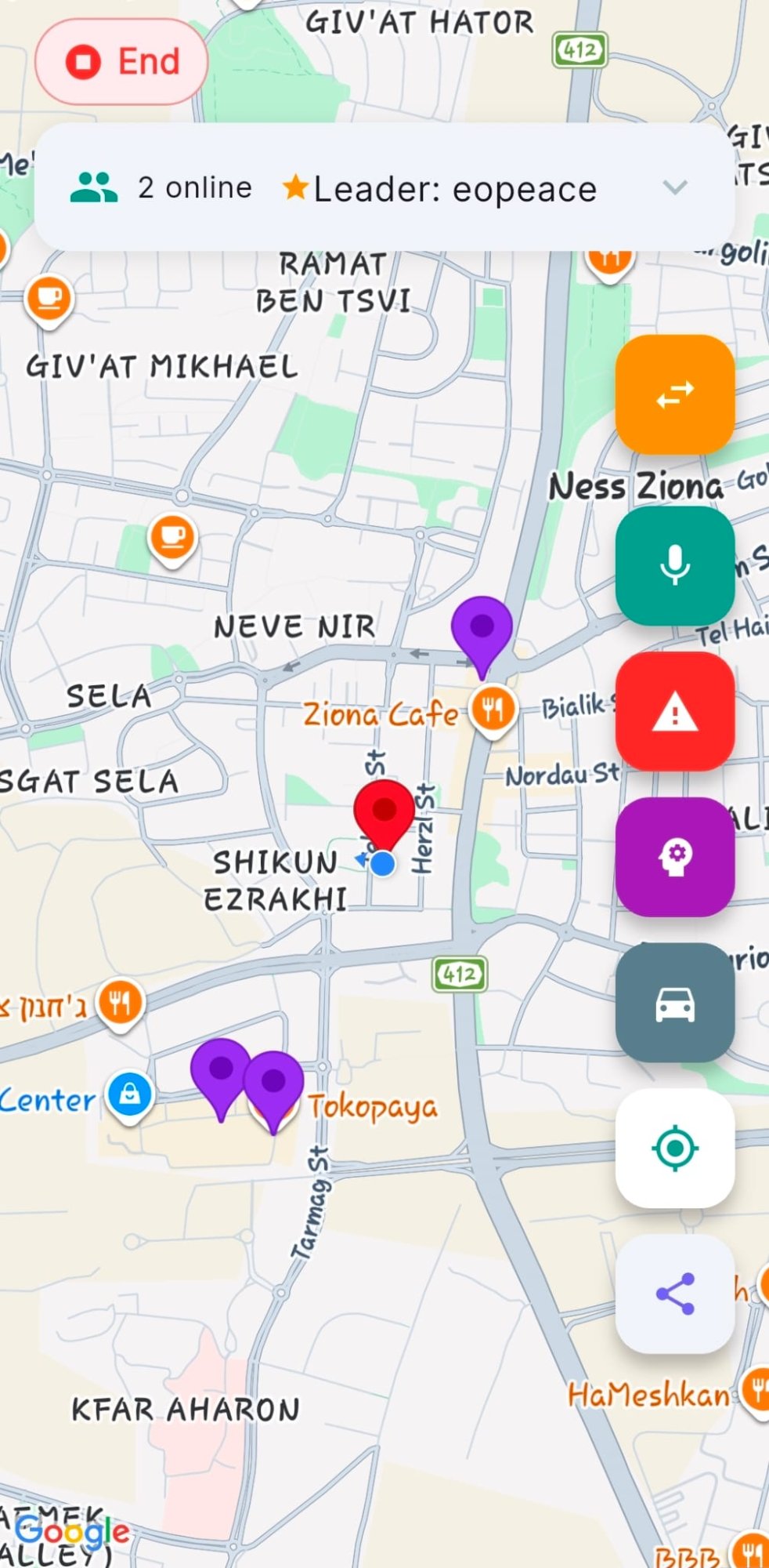 Live Trip showing participant locations and leader controls