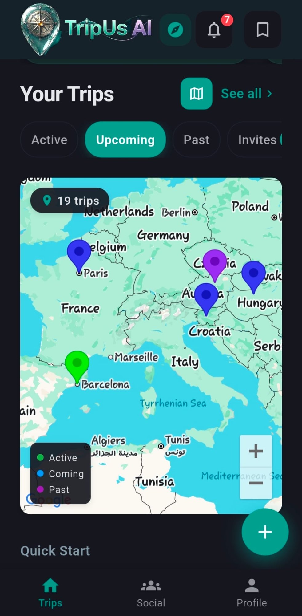 Trip map showing trips across regions with color-coded pins